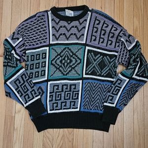London Fog Mens VTG Sweater L Cotton Crew Neck Pullover Retro Colorful Geometric